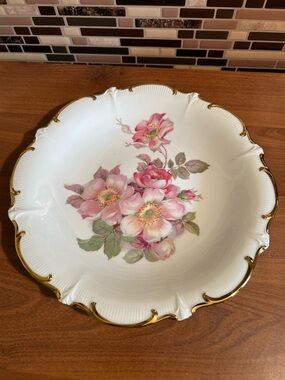 Vintage White Porcelain Floral Serving Bowl with Pink Rose Design and Gold Trim